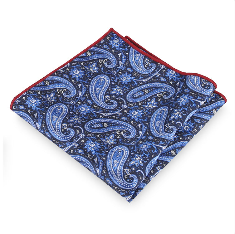 Black with Light Blue & White Paisley Pocket Square