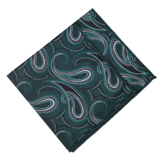 Dark Green, Black and White Paisley Pocket Square