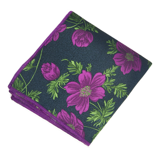 Black with Green and Purple Floral Pocket Square