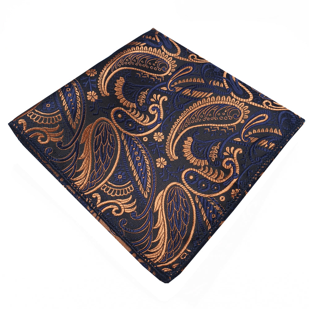 Dark Blue with Gold Plume Paisley Pocket Square