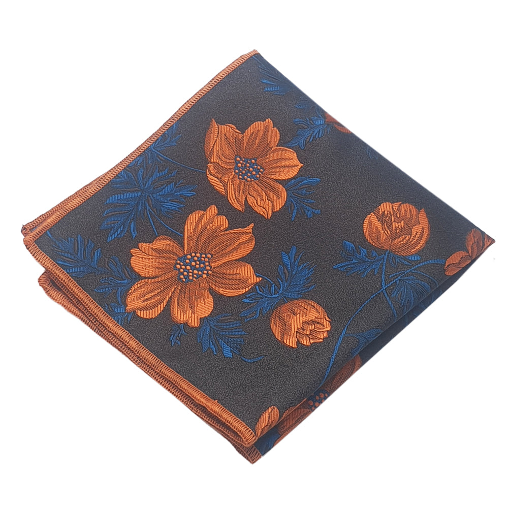 Dark Brown with Orange & Blue Floral Pocket Square