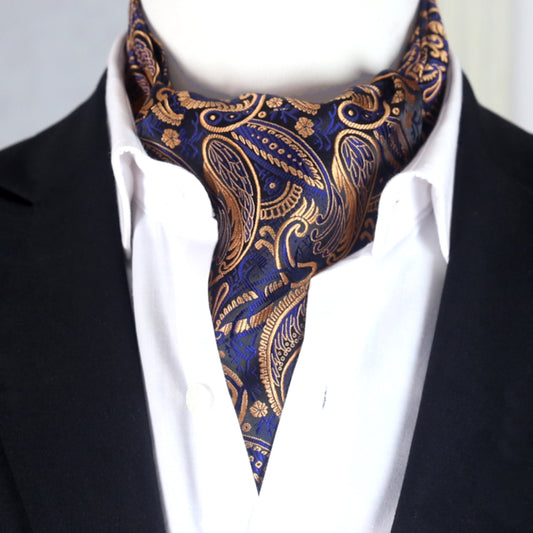 Dark Blue with Gold Plume Paisley Design Ascot Cravat